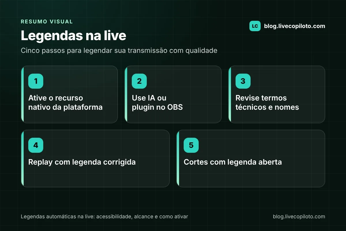 Infográfico com cinco passos para legendas na live: ativar o recurso nativo, usar IA ou plugin no OBS, revisar termos técnicos, corrigir a legenda do replay e publicar cortes com legenda aberta